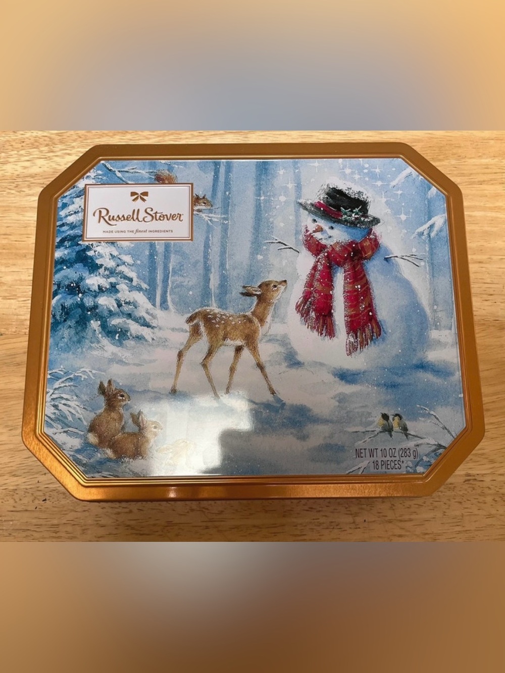 Russell Stover Tin Snowman Deer Rabbits Bunnies Winter Snow Christmas holiday